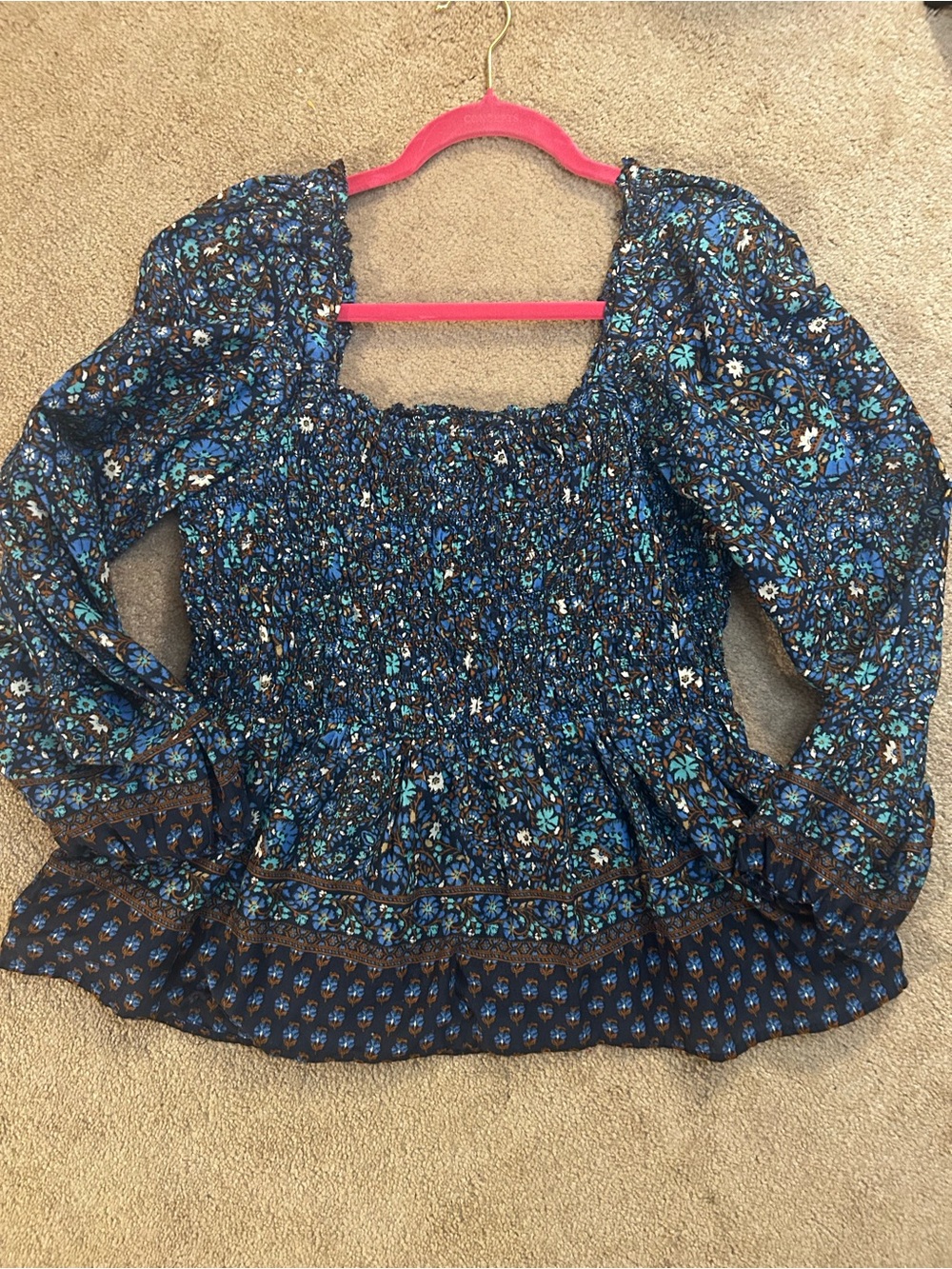 Vineyard Vines Blue Floral Smocked Square-Neck Blouse